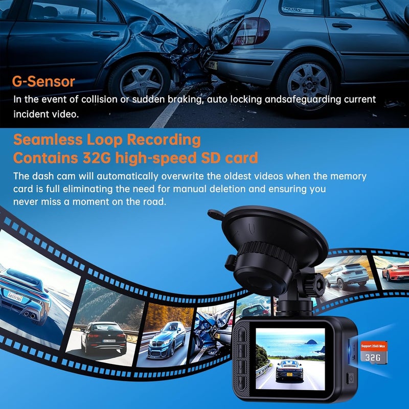 E-YEEGER Dash Cam Front and Rear, 2.5K Dual Dash Camera for Cars, 2560P Mini Car Camera, 2 inch IPS Screen, 32GB Card Included, WDR Night Vision, 24 Hours Parking Monitor, G-Sensor, Support 256 GB Max - Image 5
